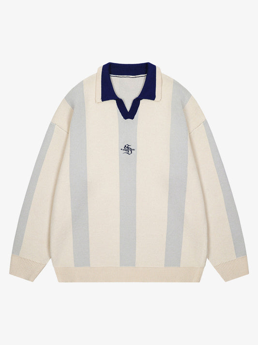 Vertical Striped Colorblock Lapel Sweater - 2587