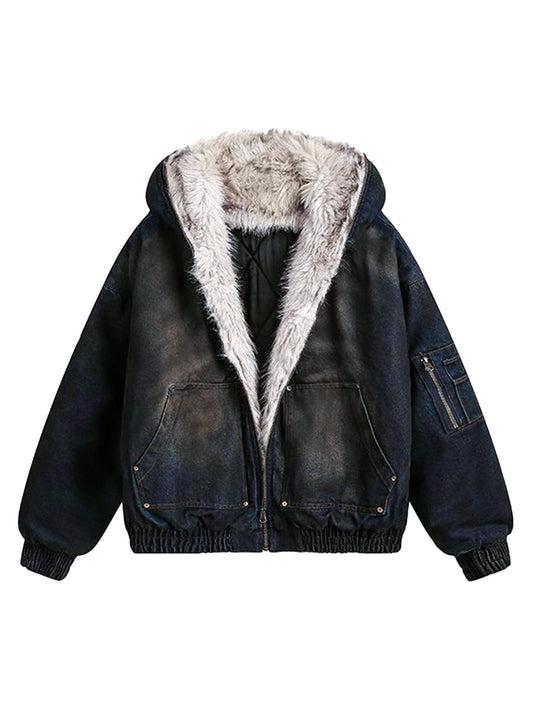 JAQUETA FUR HOODED WASHED DENIM