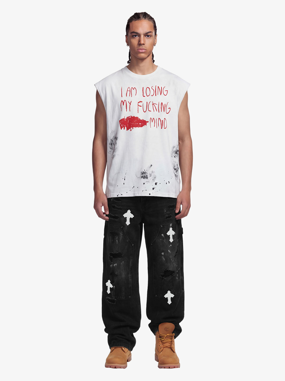 Grunge Slogan Print Distressed Raw Hem Sleeveless T-Shirt
