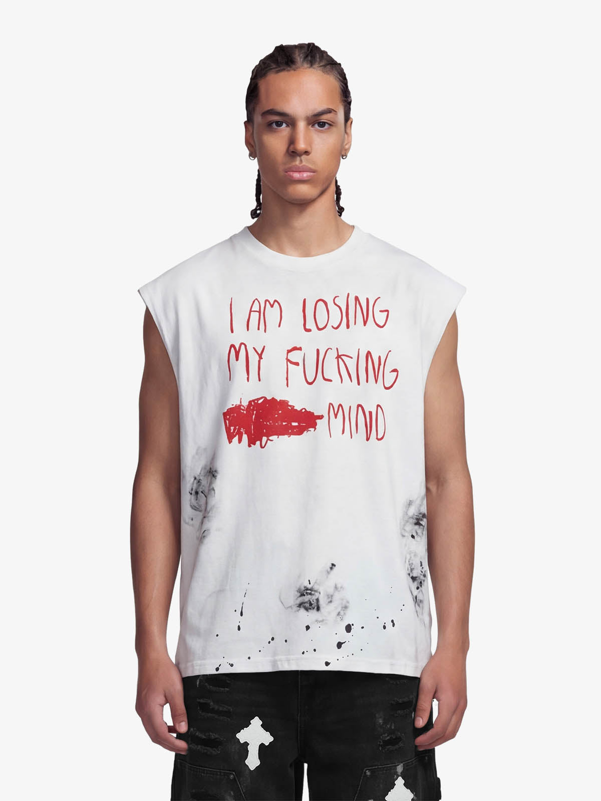 Grunge Slogan Print Distressed Raw Hem Sleeveless T-Shirt