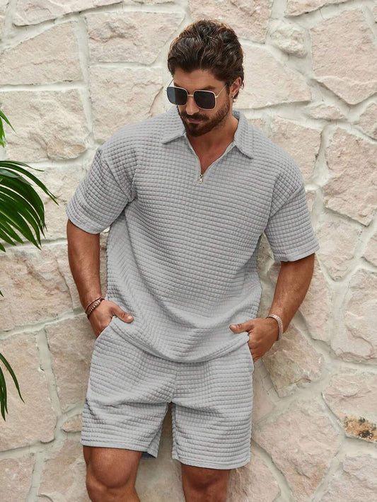 EGENSIO Conjunto de verão para homens, com camiseta de manga curta e shorts texturizados, 2 peças