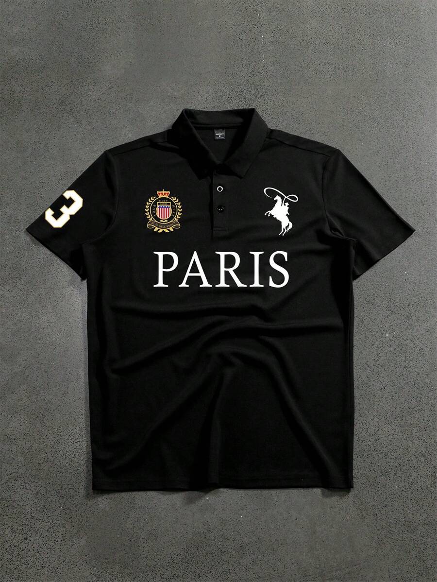 STYNVO Camisa Polo Masculina Versátil com Estampa de Letra, Listras e Contraste de Cor, Botões e Meio Bolso
