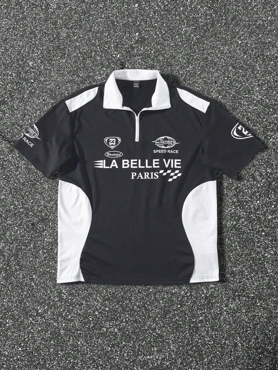STYNVO Camisa Polo de Manga Curta Casual e Versátil com Estampa de Letra em Tela para Homens