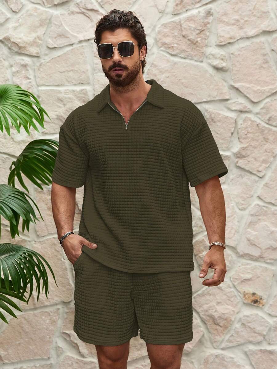 EGENSIO Conjunto de verão para homens, com camiseta de manga curta e shorts texturizados, 2 peças