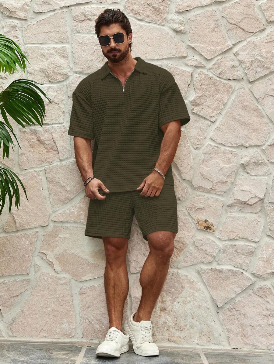 EGENSIO Conjunto de verão para homens, com camiseta de manga curta e shorts texturizados, 2 peças