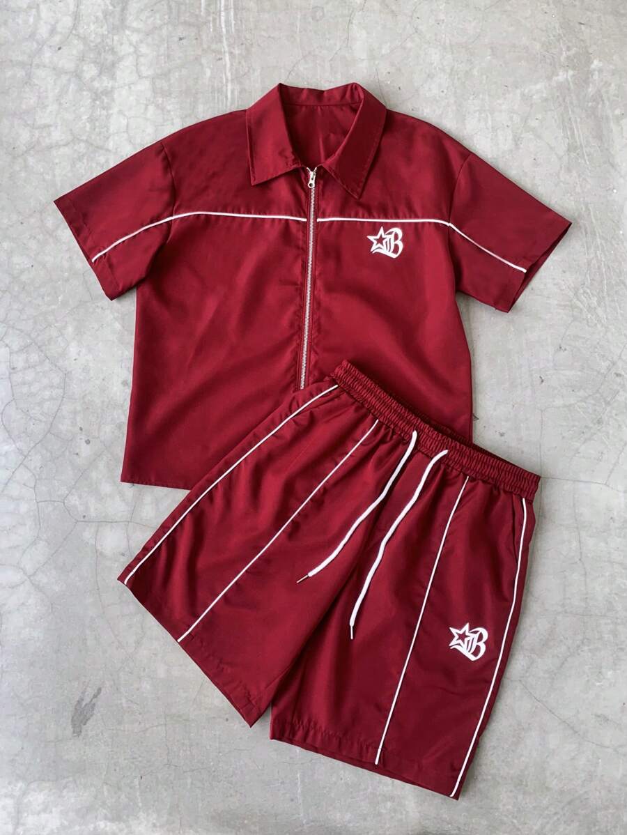 STYNVO 2 Peças/Conjunto Camisa de Manga Curta com Zíper Casual Masculina e Conjunto de Shorts com Cordão