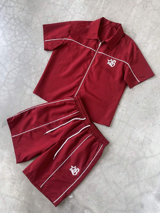 STYNVO 2 Peças/Conjunto Camisa de Manga Curta com Zíper Casual Masculina e Conjunto de Shorts com Cordão