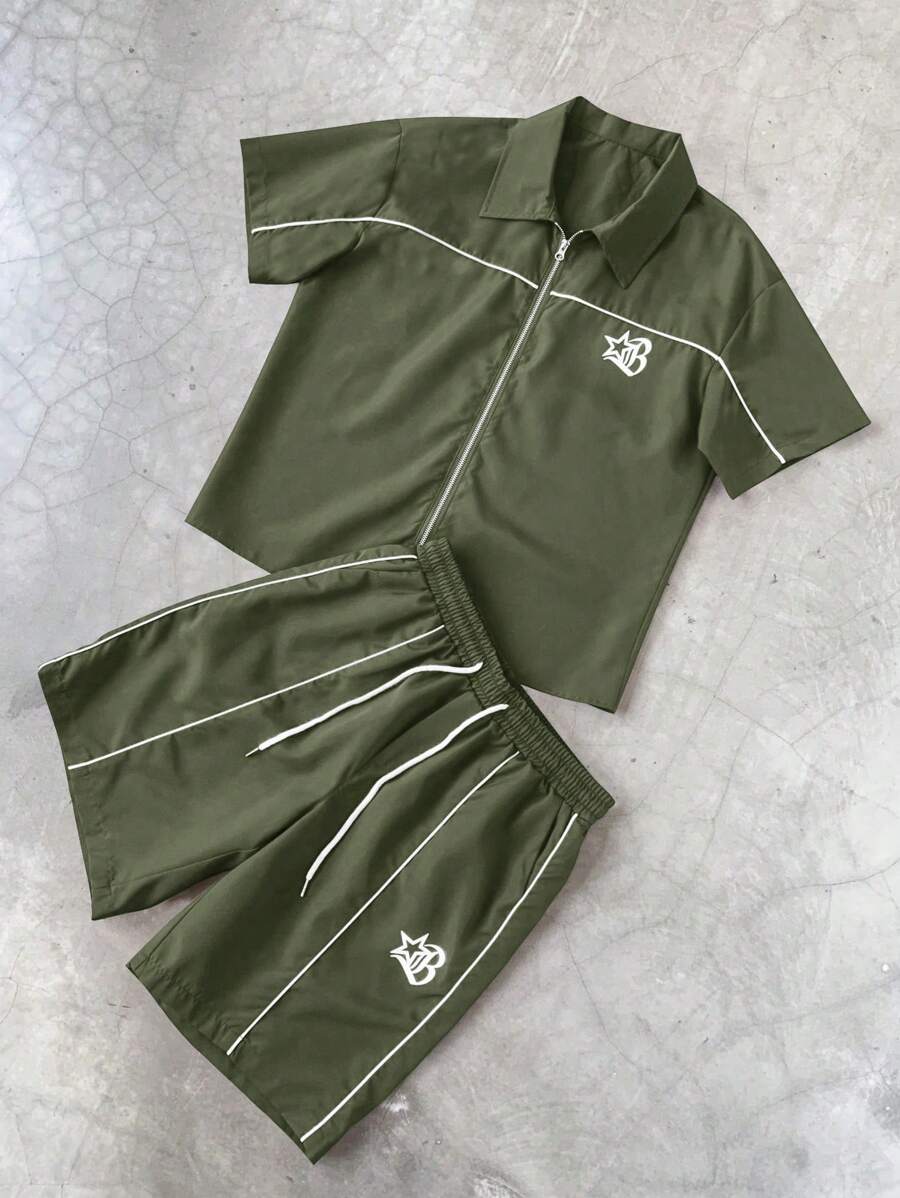 STYNVO 2 Peças/Conjunto Camisa de Manga Curta com Zíper Casual Masculina e Conjunto de Shorts com Cordão