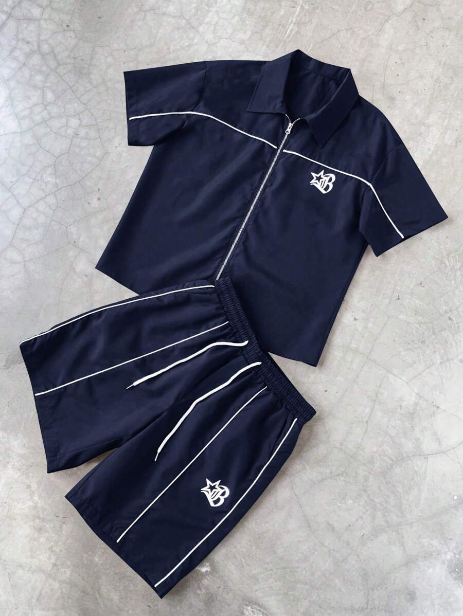 STYNVO 2 Peças/Conjunto Camisa de Manga Curta com Zíper Casual Masculina e Conjunto de Shorts com Cordão