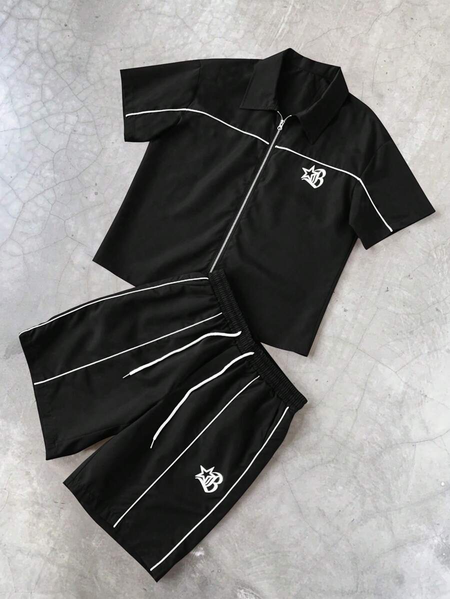 STYNVO 2 Peças/Conjunto Camisa de Manga Curta com Zíper Casual Masculina e Conjunto de Shorts com Cordão