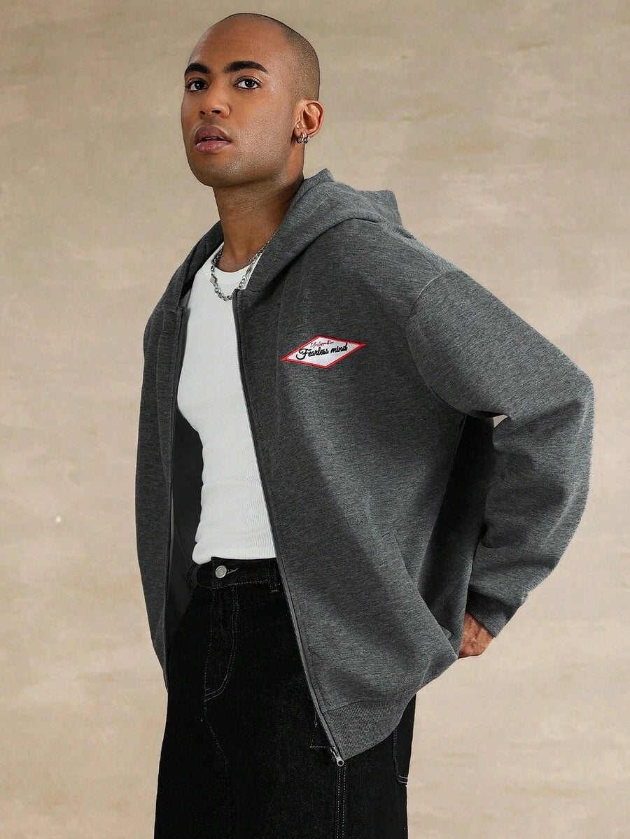 STYNVO Jaqueta Casual com Zíper e Bordado de Letra para Homens, Ombros Caídos, Manga Longa, Outono/Inverno