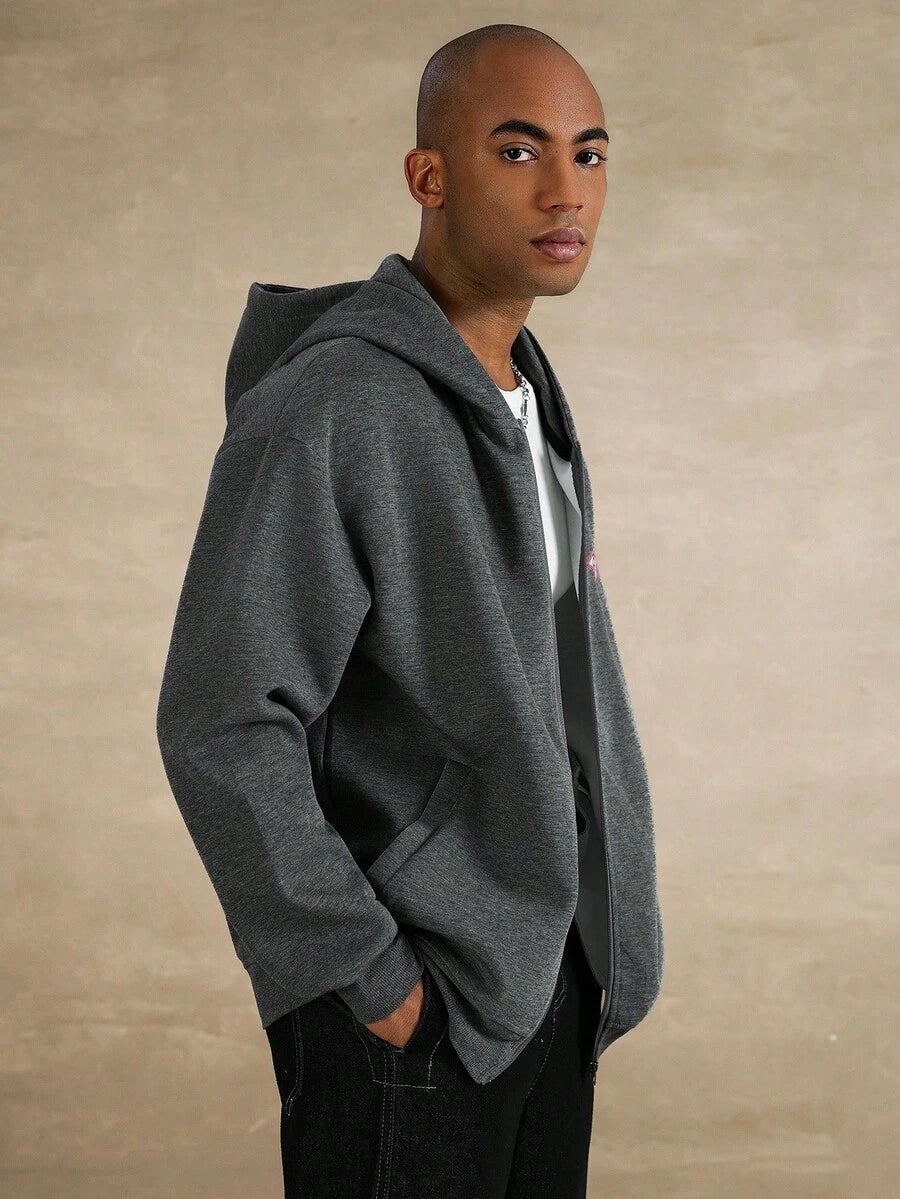 STYNVO Jaqueta Casual com Zíper e Bordado de Letra para Homens, Ombros Caídos, Manga Longa, Outono/Inverno