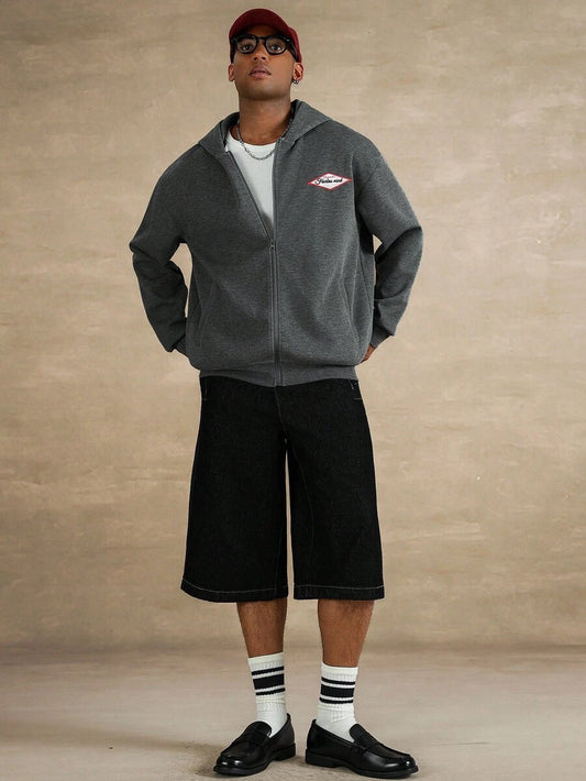 STYNVO Jaqueta Casual com Zíper e Bordado de Letra para Homens, Ombros Caídos, Manga Longa, Outono/Inverno