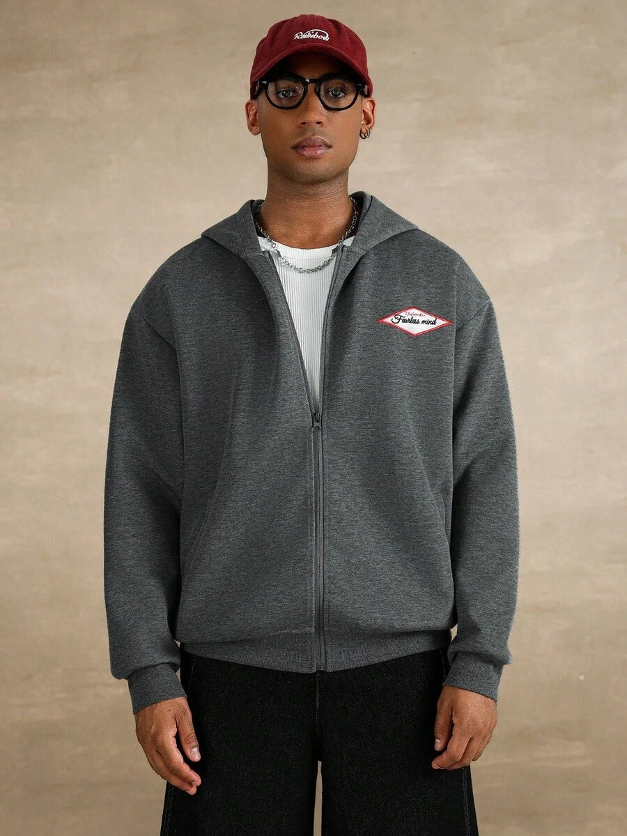 STYNVO Jaqueta Casual com Zíper e Bordado de Letra para Homens, Ombros Caídos, Manga Longa, Outono/Inverno
