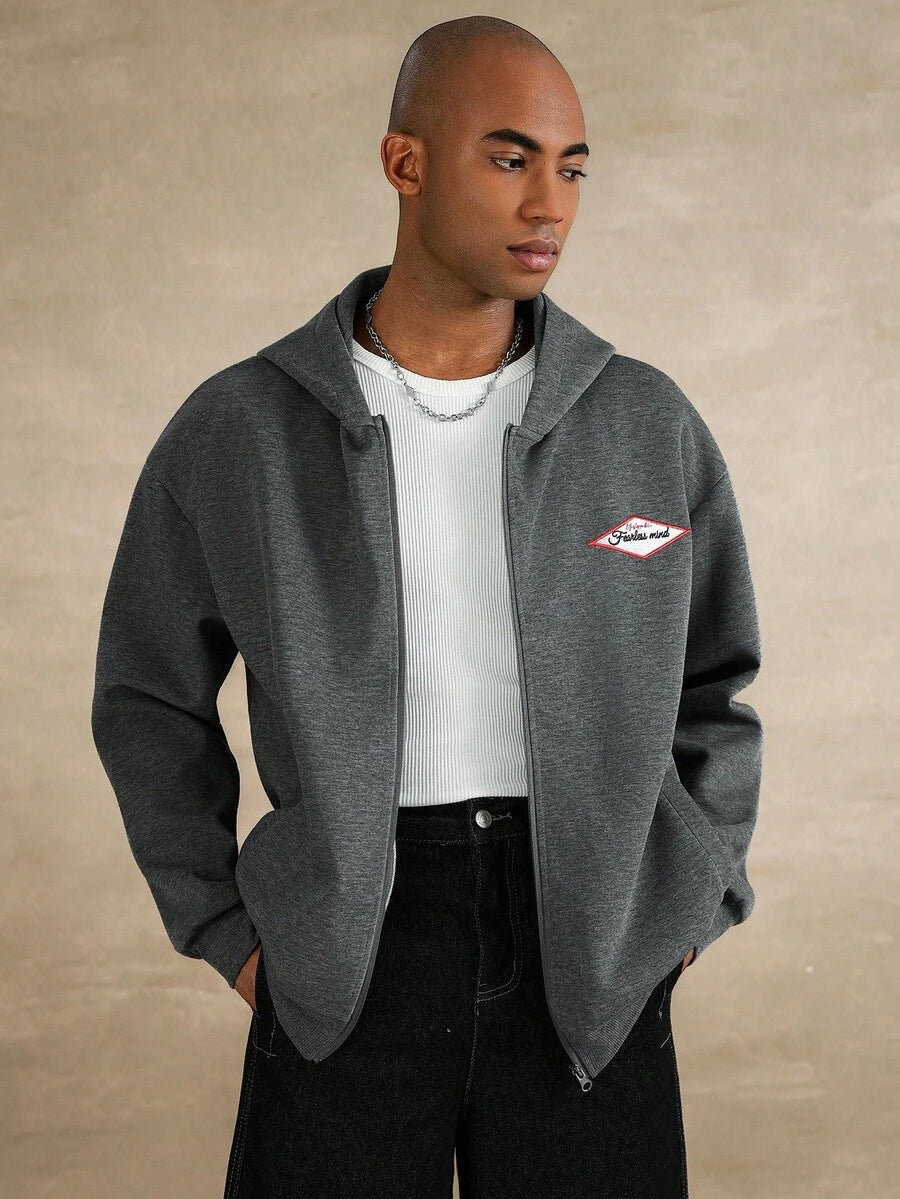 STYNVO Jaqueta Casual com Zíper e Bordado de Letra para Homens, Ombros Caídos, Manga Longa, Outono/Inverno