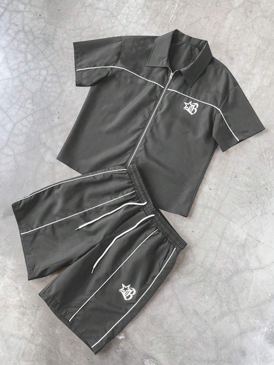 STYNVO 2 Peças/Conjunto Camisa de Manga Curta com Zíper Casual Masculina e Conjunto de Shorts com Cordão
