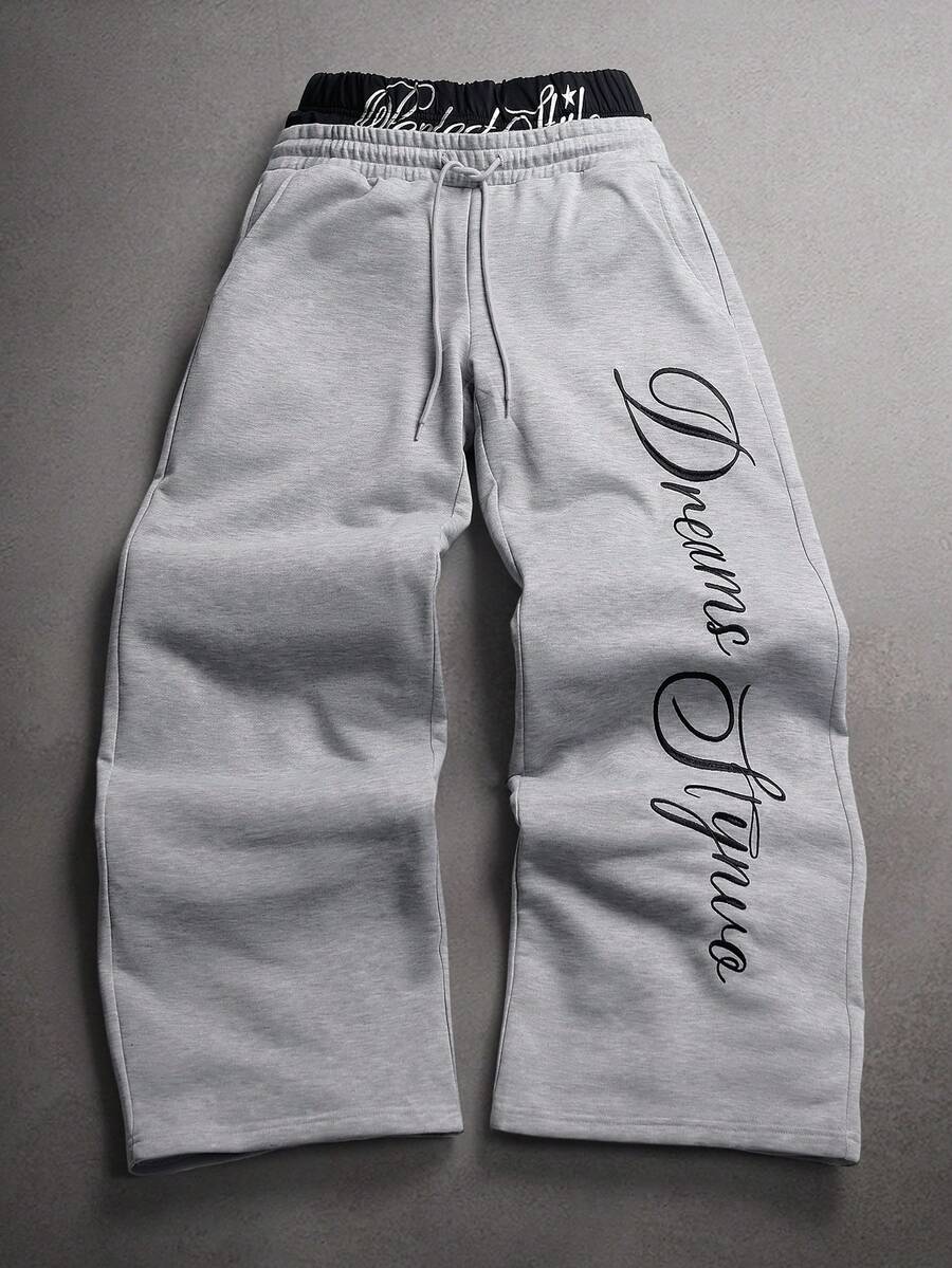 STYNVO Calça Masculina com Estampa de Letra, Cintura com Cordão e Bolso, Perna Larga