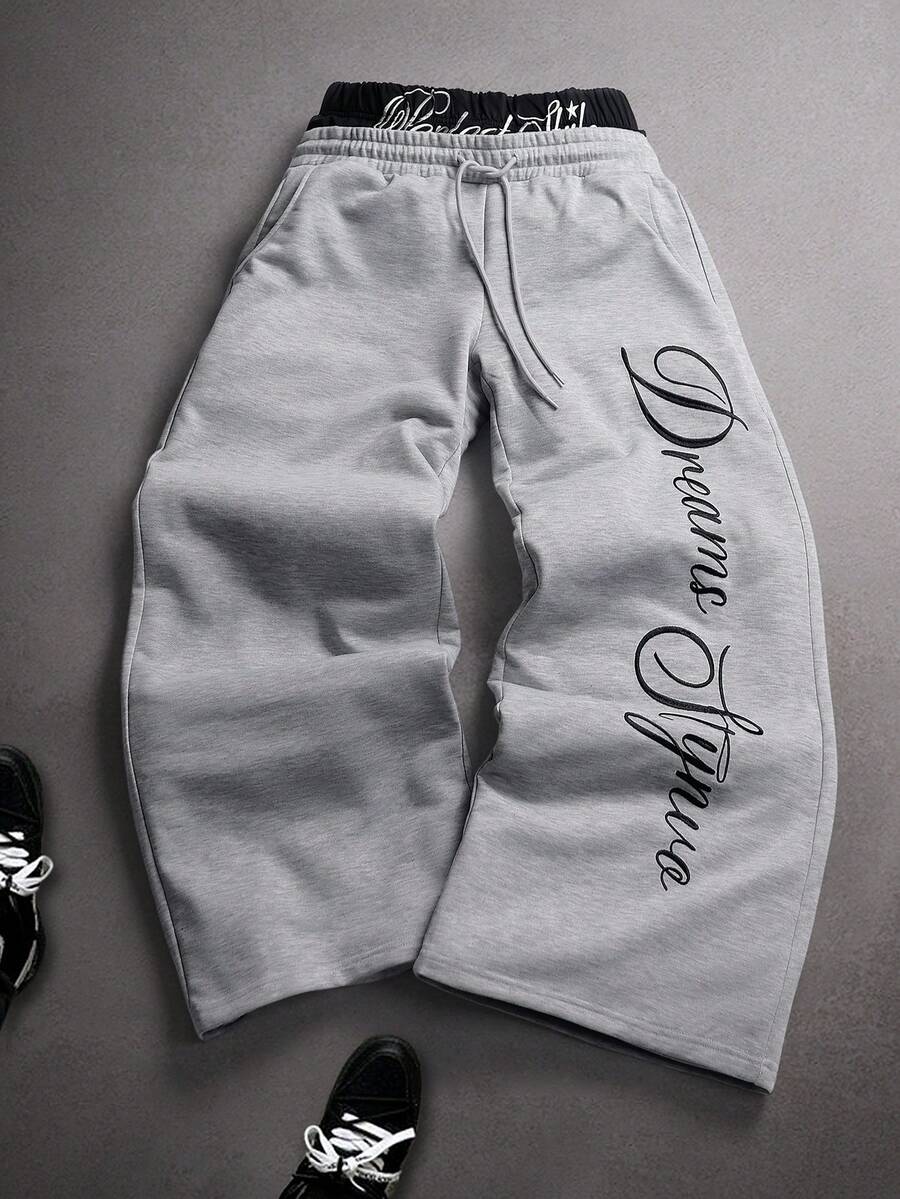 STYNVO Calça Masculina com Estampa de Letra, Cintura com Cordão e Bolso, Perna Larga