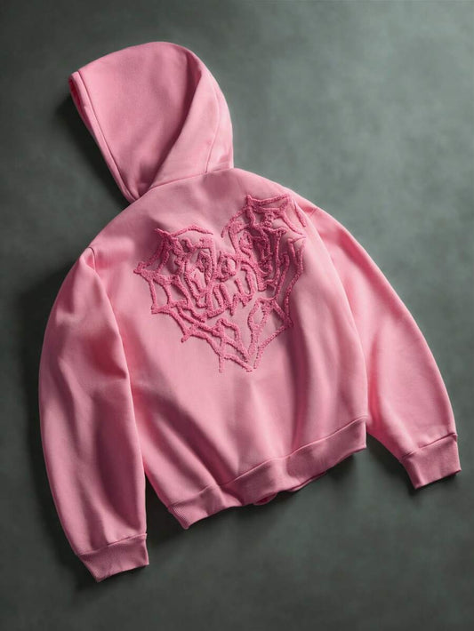 STYNVO Moletom com Capuz Bordado 3D "LOVE" com Teia de Aranha e Coração, Estilo de Rua Popular, Adequado para Festivais de Música ao Ar Livre, Passeios Diários, Encontros com Amigos, Presentes para Namorado/Marido, Presentes de Aniversário, Rosa