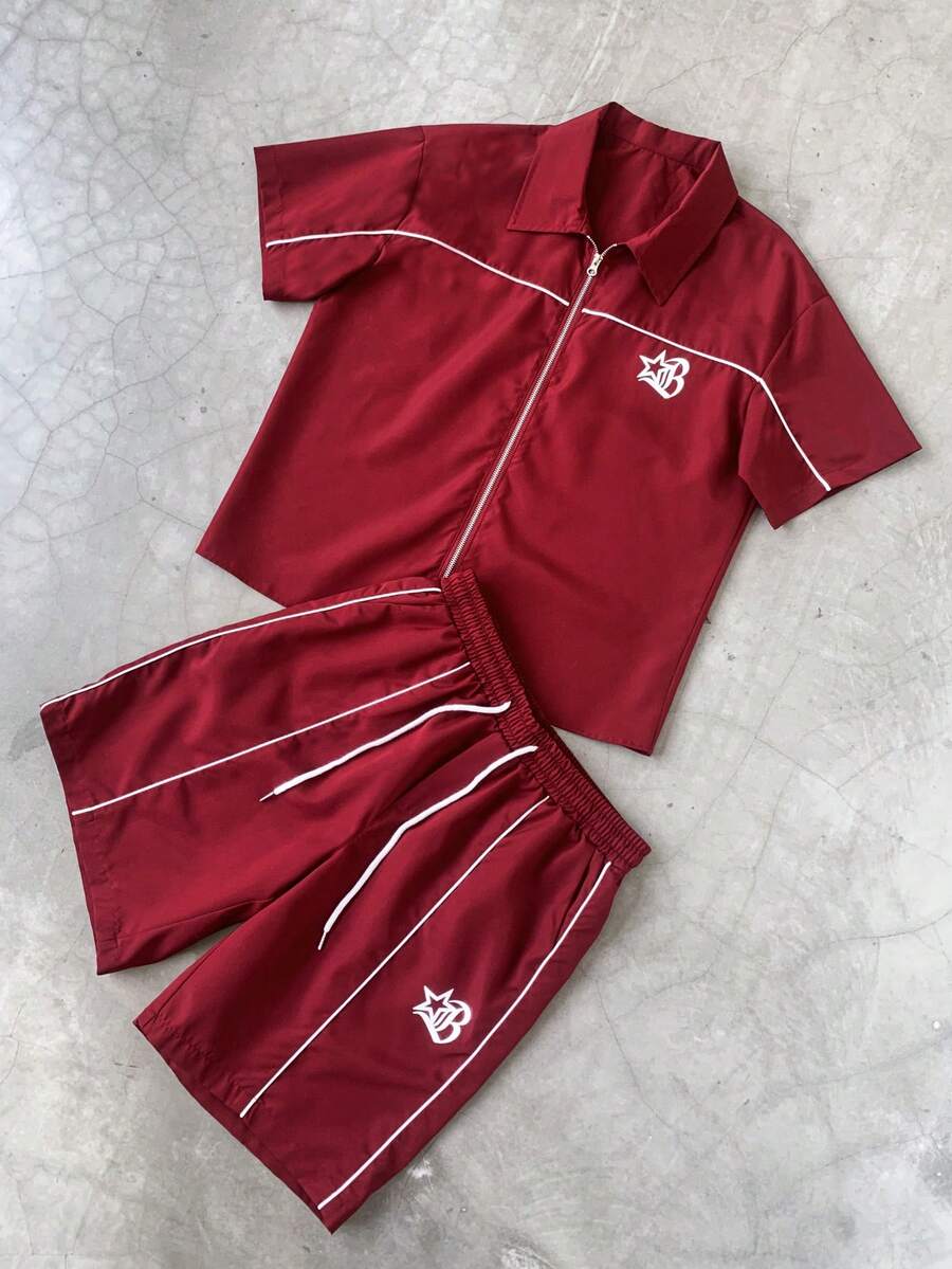 STYNVO 2 Peças/Conjunto Camisa de Manga Curta com Zíper Casual Masculina e Conjunto de Shorts com Cordão