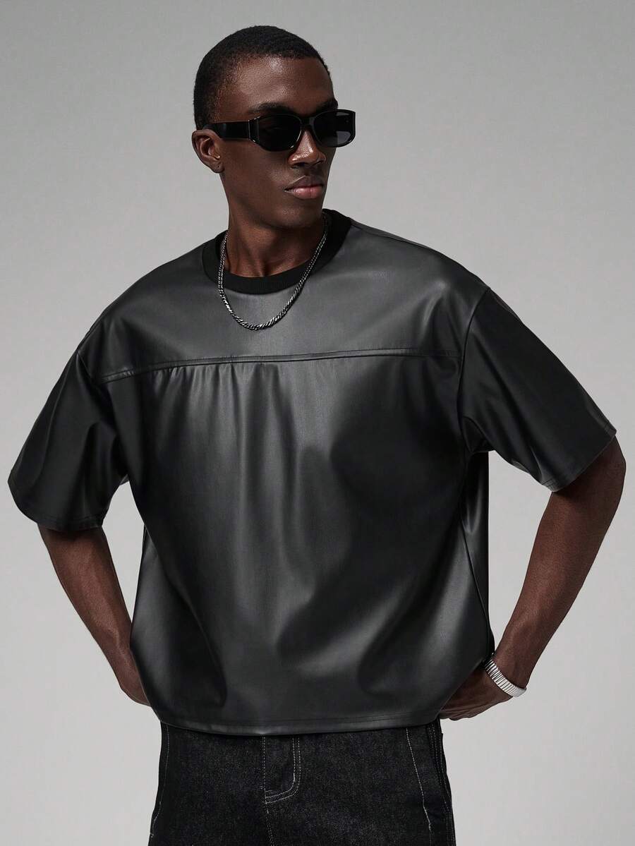 STYNVO Camiseta de Manga Curta Masculina Fashionable de Gola Redonda Solta em PU, Verão