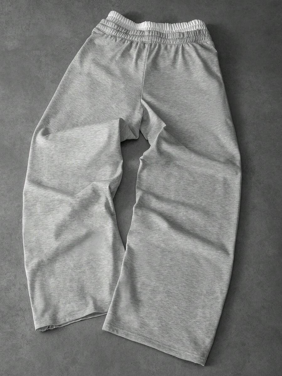 STYNVO Calça Masculina com Estampa de Letra, Cintura com Cordão e Bolso, Perna Larga