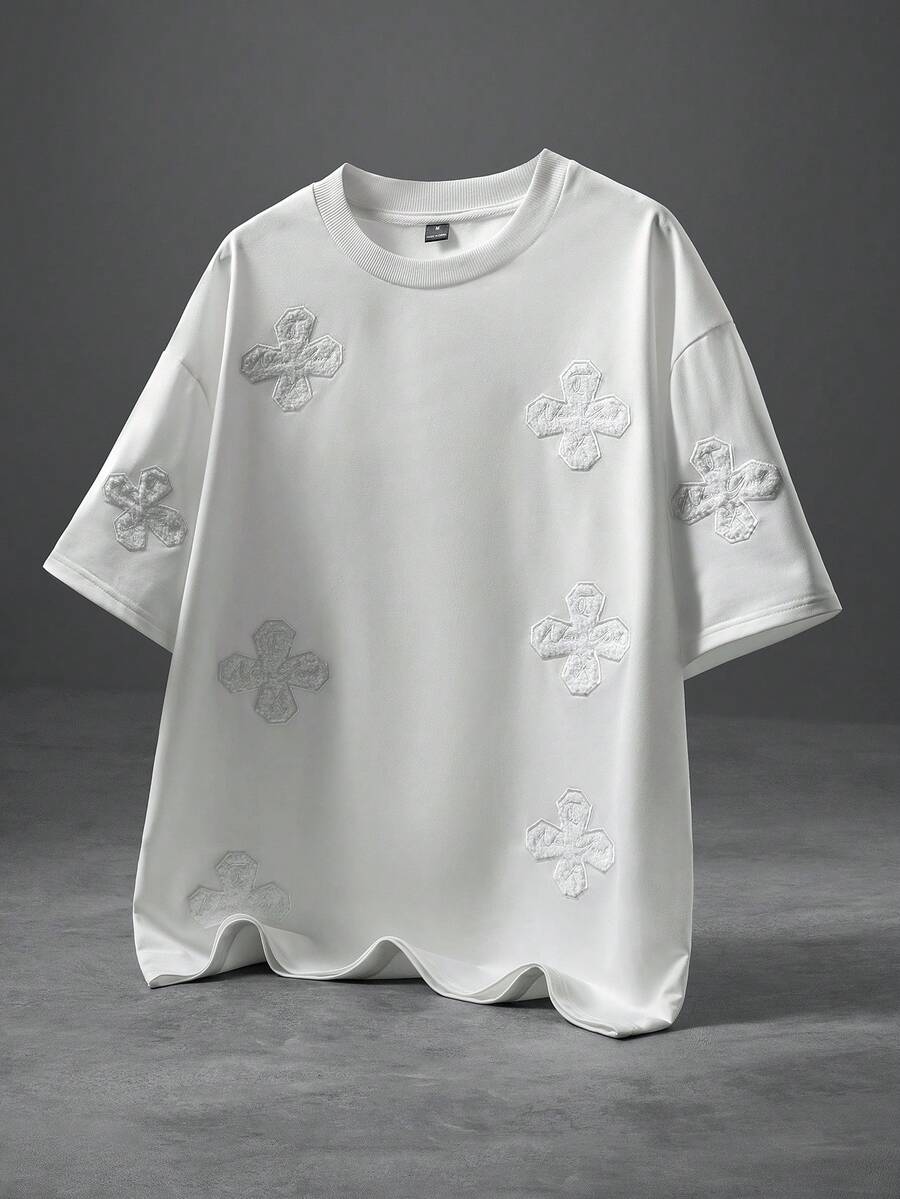 STYNVO Camiseta Branca Solta com Estampa de Letra, Ombros Caídos, Casual para Férias e Transporte, Moda de Rua, Verão