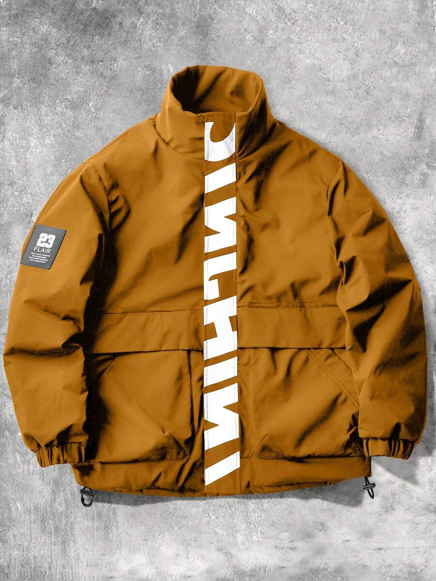 STYNVO Jaqueta Casual Versátil e Esportiva com Gola Alta para Homens, Estampa Gráfica Grande, Estilo de Casal Jovem, Bolsos Grandes, Jaqueta de Outono/Inverno