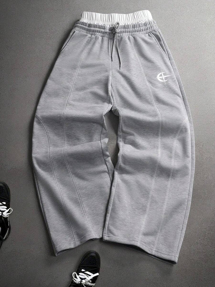 STYNVO Calça Masculina com Estampa de Letra, Cintura com Cordão e Bolso, Perna Larga