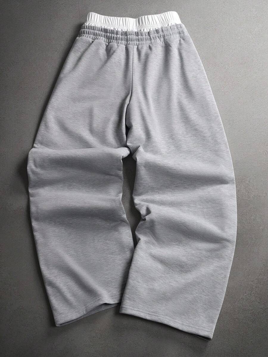 STYNVO Calça Masculina com Estampa de Letra, Cintura com Cordão e Bolso, Perna Larga