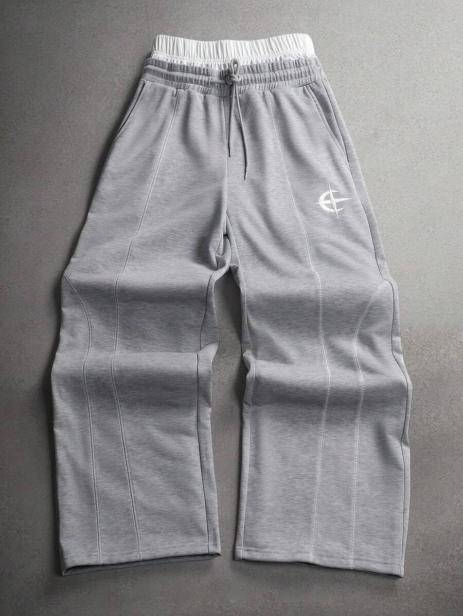STYNVO Calça Masculina com Estampa de Letra, Cintura com Cordão e Bolso, Perna Larga