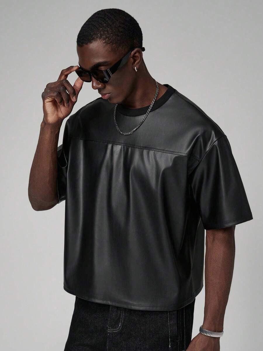 STYNVO Camiseta de Manga Curta Masculina Fashionable de Gola Redonda Solta em PU, Verão