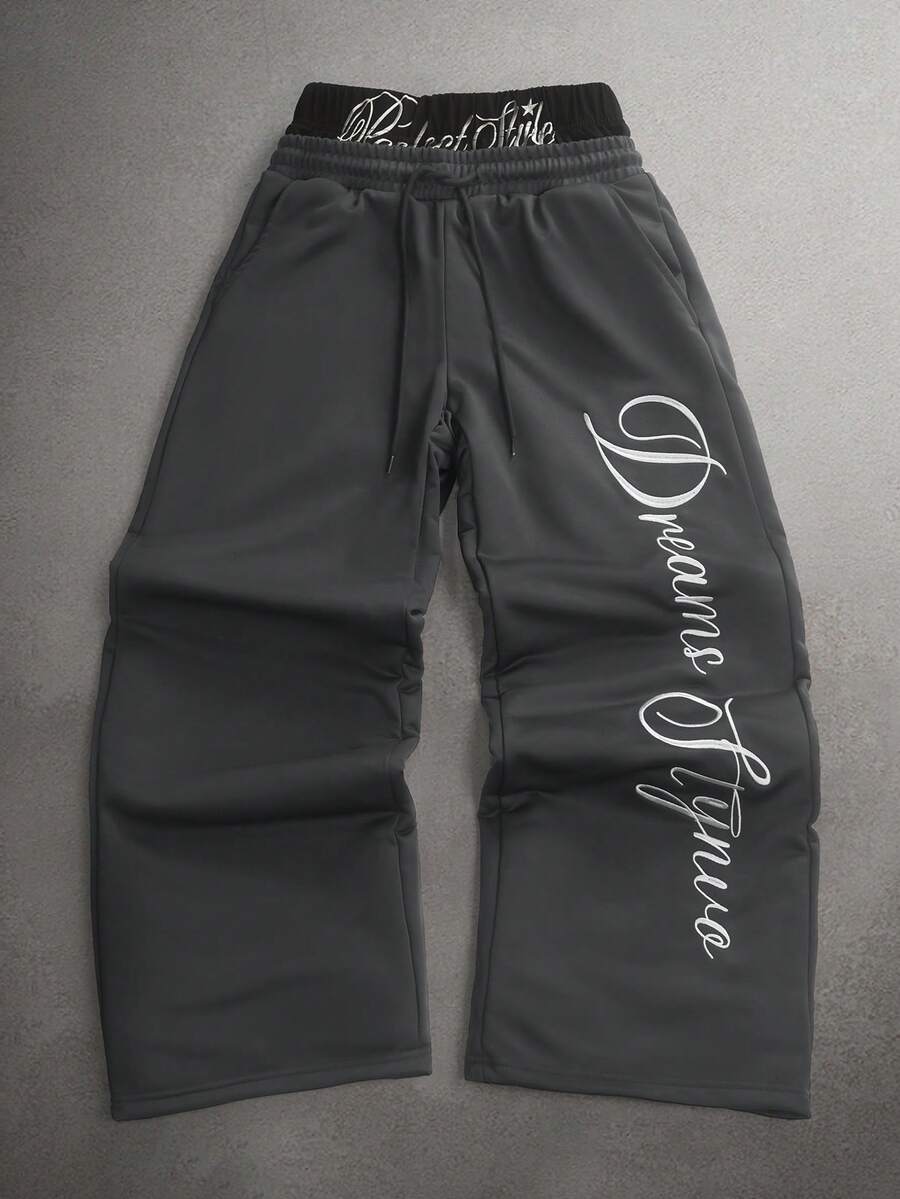 STYNVO Calça Masculina com Estampa de Letra, Cintura com Cordão e Bolso, Perna Larga