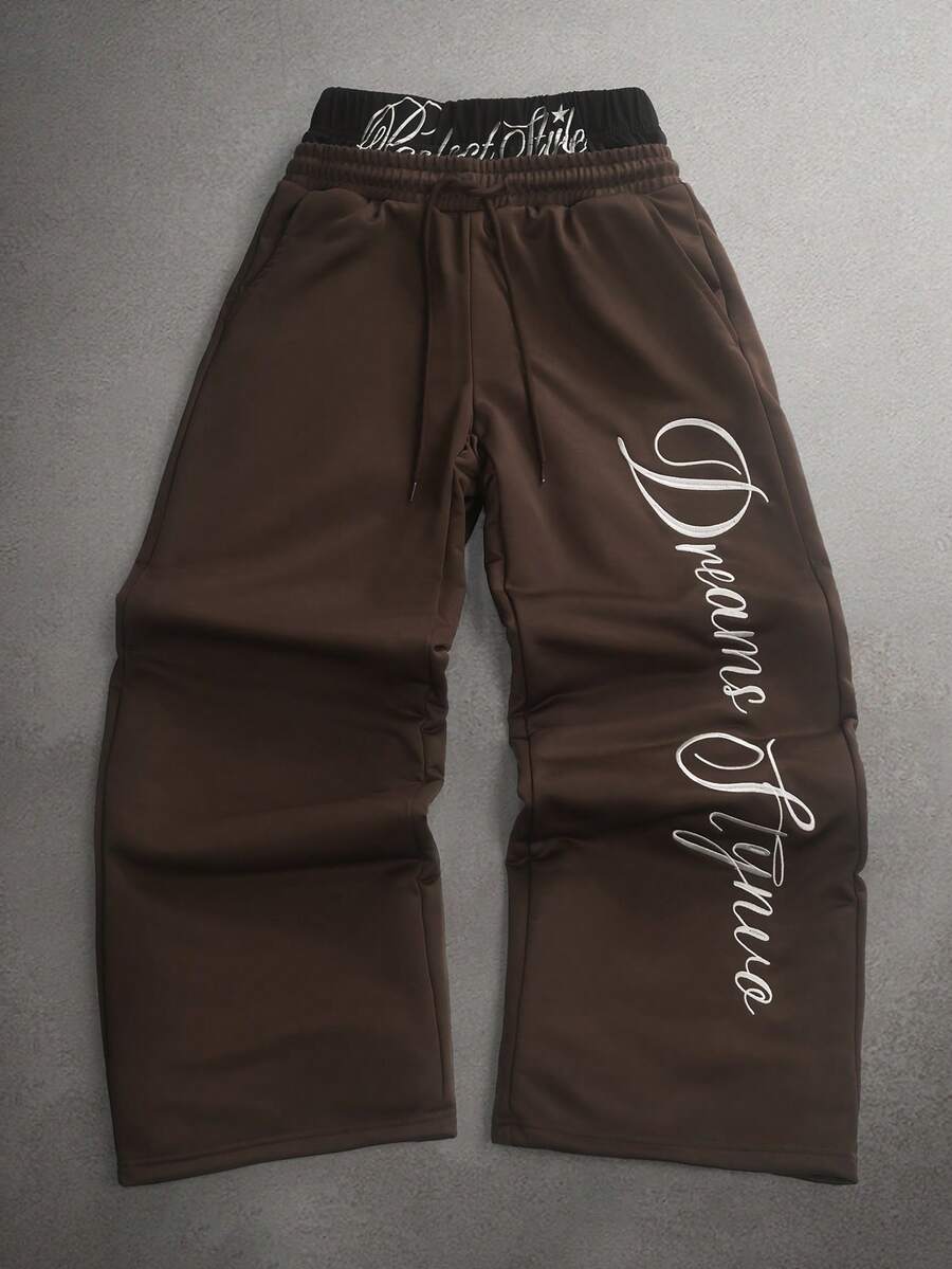 STYNVO Calça Masculina com Estampa de Letra, Cintura com Cordão e Bolso, Perna Larga