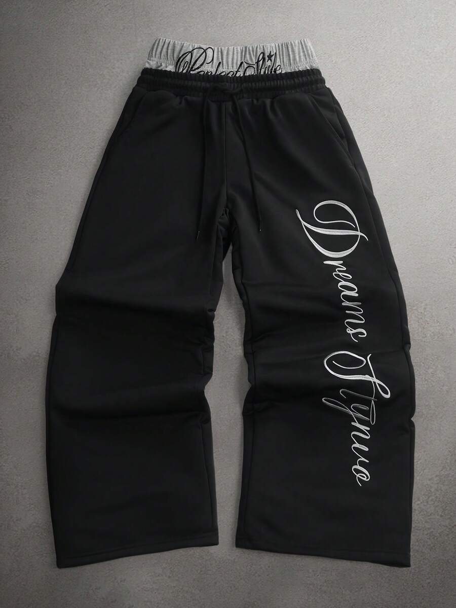 STYNVO Calça Masculina com Estampa de Letra, Cintura com Cordão e Bolso, Perna Larga