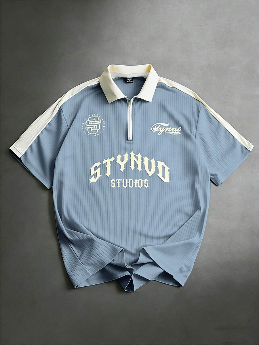 STYNVO Camisa Polo Casual Masculina com Estampa Colorblock e Letra, Verão
