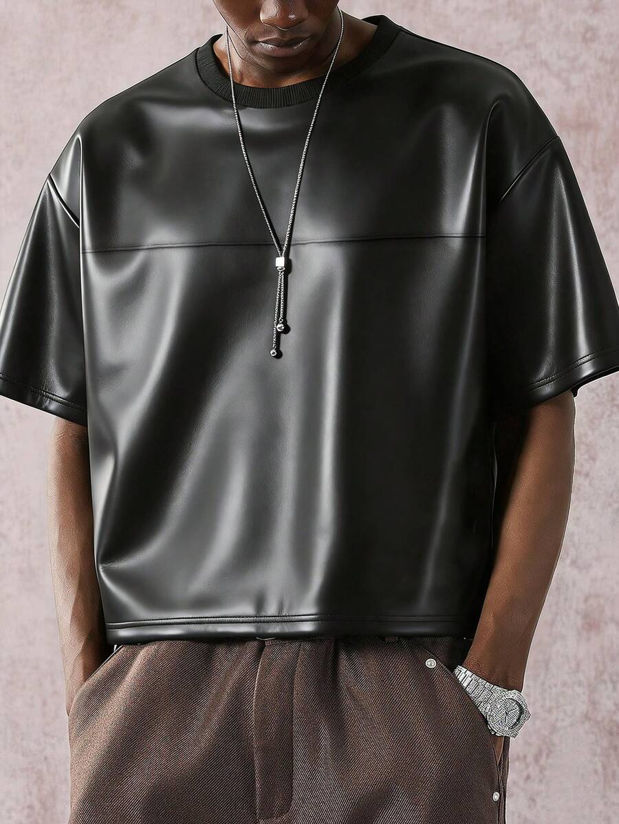 STYNVO Camiseta de Manga Curta Masculina Fashionable de Gola Redonda Solta em PU, Verão