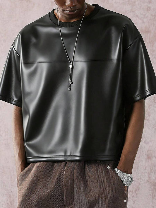 STYNVO Camiseta de Manga Curta Masculina Fashionable de Gola Redonda Solta em PU, Verão