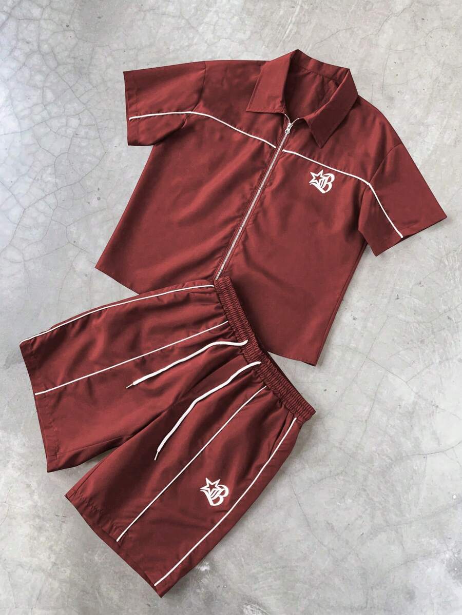 STYNVO 2 Peças/Conjunto Camisa de Manga Curta com Zíper Casual Masculina e Conjunto de Shorts com Cordão