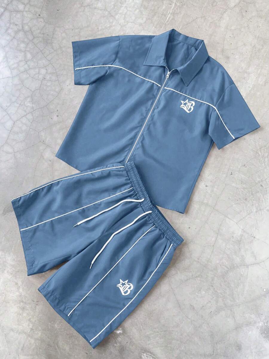 STYNVO 2 Peças/Conjunto Camisa de Manga Curta com Zíper Casual Masculina e Conjunto de Shorts com Cordão