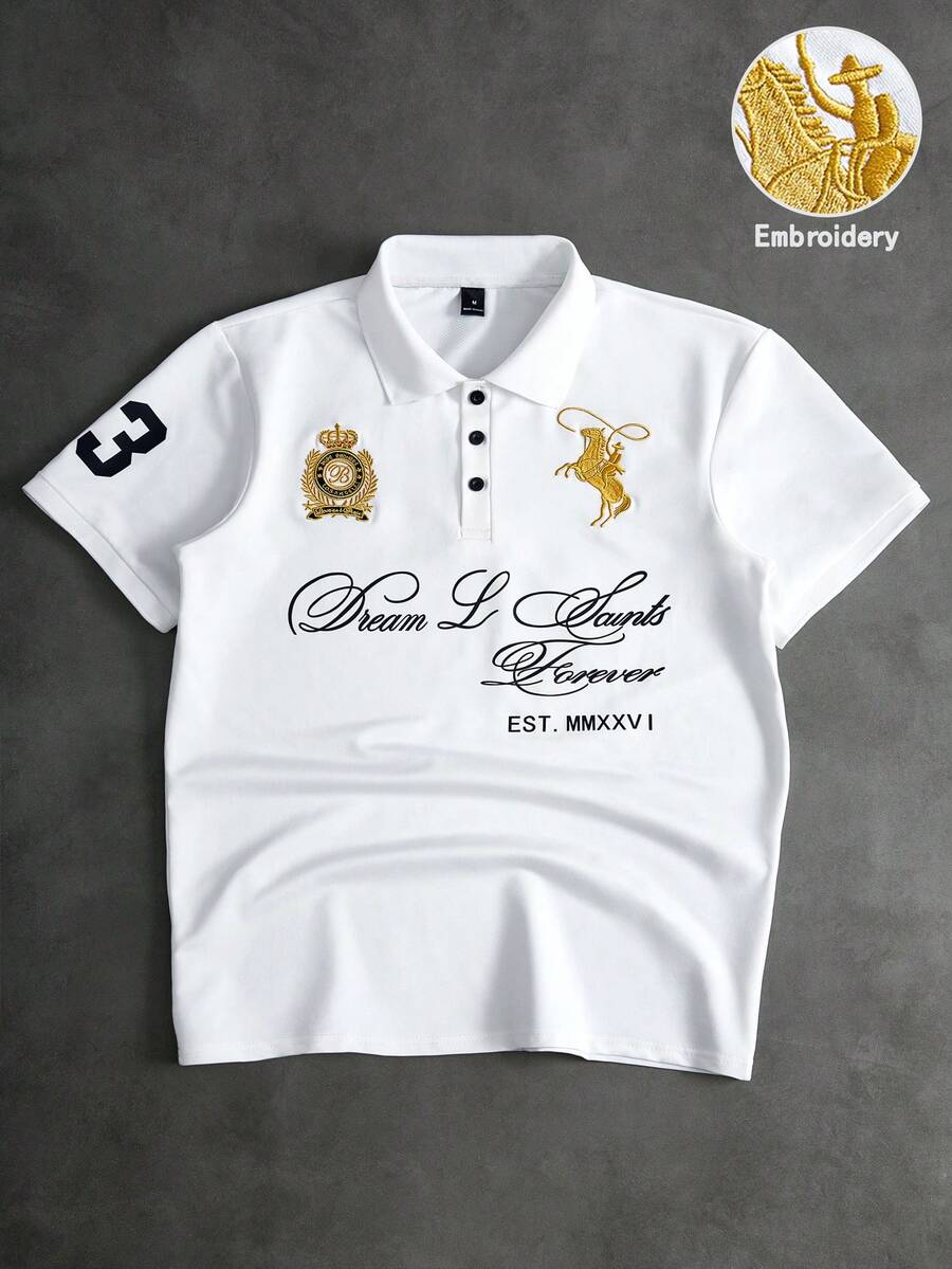 STYNVO Camisa Polo Masculina Versátil com Estampa de Letra, Listras e Contraste de Cor, Botões e Meio Bolso