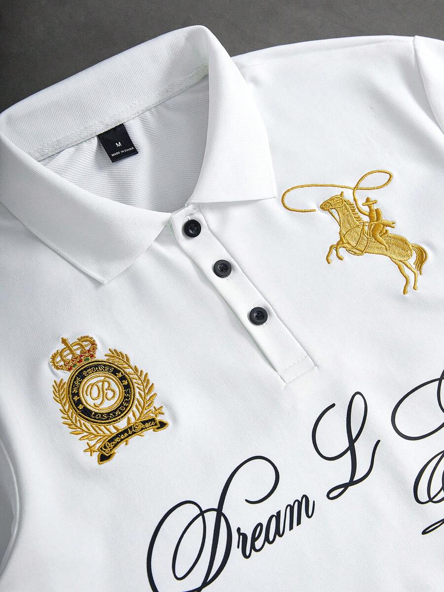 STYNVO Camisa Polo Masculina Versátil com Estampa de Letra, Listras e Contraste de Cor, Botões e Meio Bolso