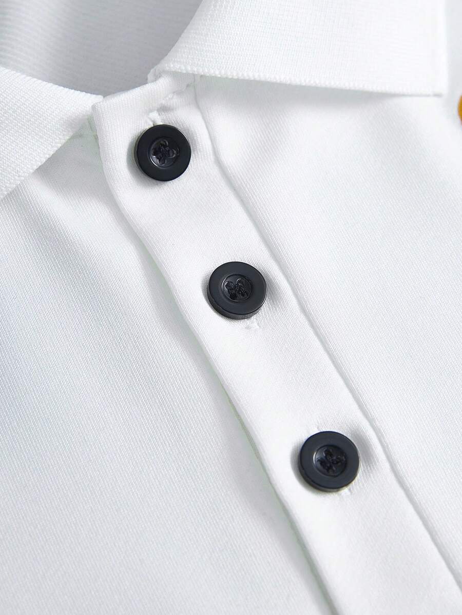 STYNVO Camisa Polo Masculina Versátil com Estampa de Letra, Listras e Contraste de Cor, Botões e Meio Bolso