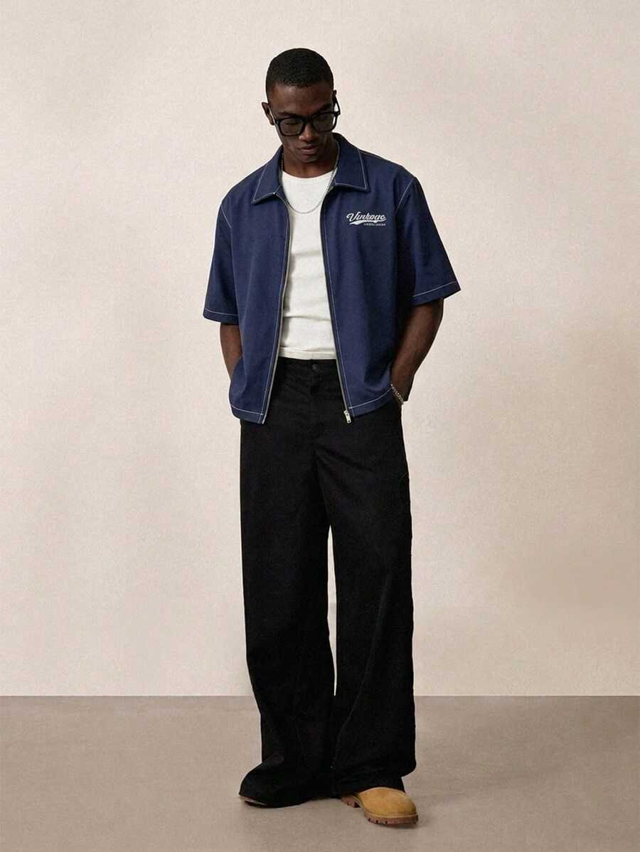 STYNVO Camisa Casual Masculina Listrada com Bordado de Letra, Verão