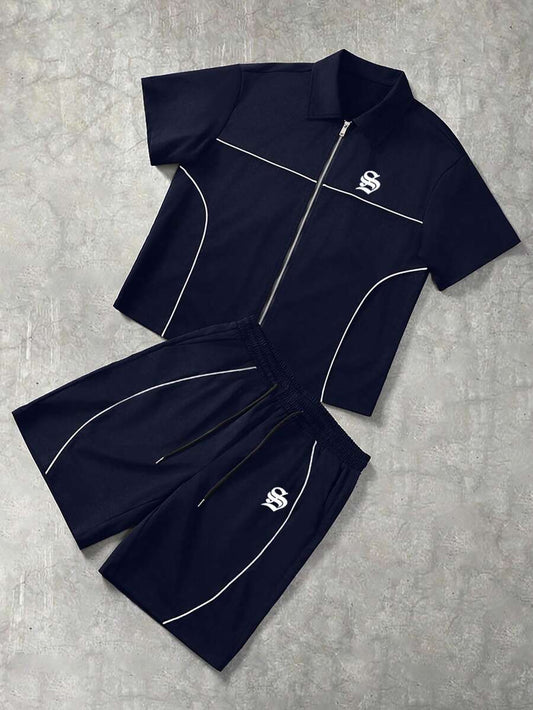 STYNVO Conjunto de Camisa de Manga Curta com Zíper e Estampa de Letra e Contraste de Pesponto e Shorts com Cordão na Cintura, Casual, Moda de Rua, Uso Diário, Verão