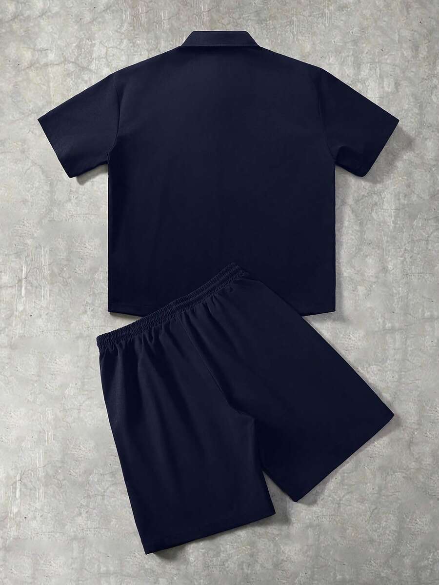 STYNVO Conjunto de Camisa de Manga Curta com Zíper e Estampa de Letra e Contraste de Pesponto e Shorts com Cordão na Cintura, Casual, Moda de Rua, Uso Diário, Verão
