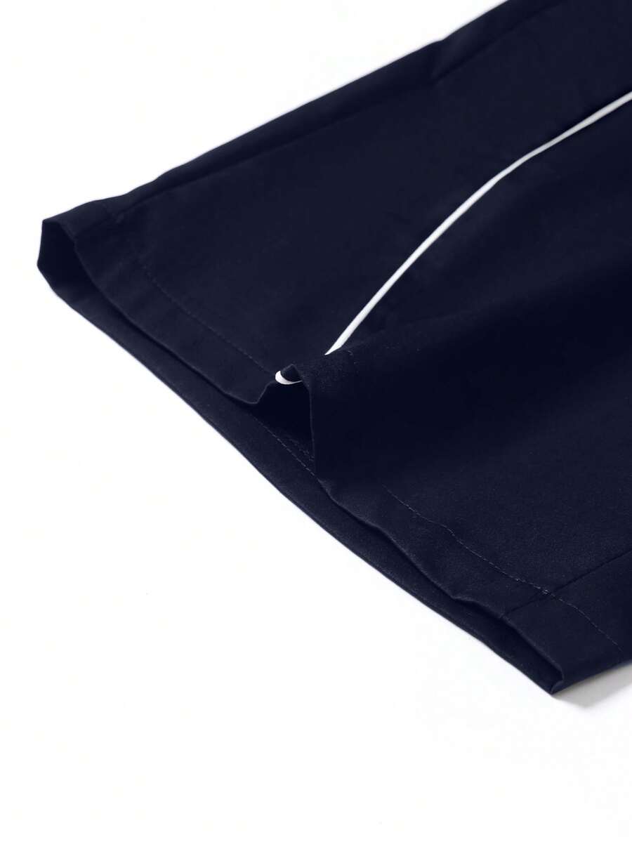 STYNVO Conjunto de Camisa de Manga Curta com Zíper e Estampa de Letra e Contraste de Pesponto e Shorts com Cordão na Cintura, Casual, Moda de Rua, Uso Diário, Verão