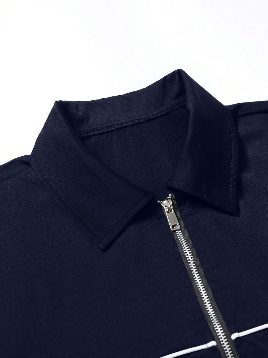 STYNVO Conjunto de Camisa de Manga Curta com Zíper e Estampa de Letra e Contraste de Pesponto e Shorts com Cordão na Cintura, Casual, Moda de Rua, Uso Diário, Verão