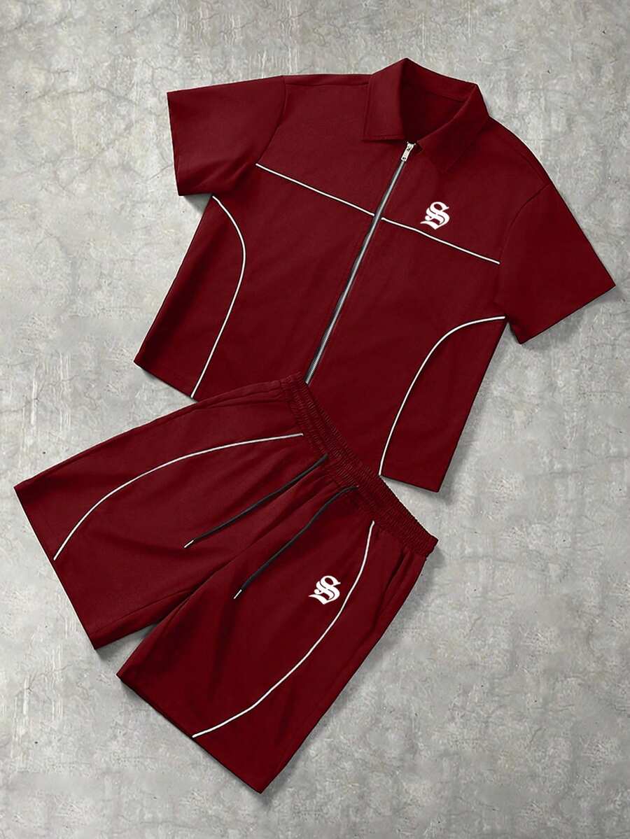 STYNVO Conjunto de Camisa de Manga Curta com Zíper e Estampa de Letra e Contraste de Pesponto e Shorts com Cordão na Cintura, Casual, Moda de Rua, Uso Diário, Verão