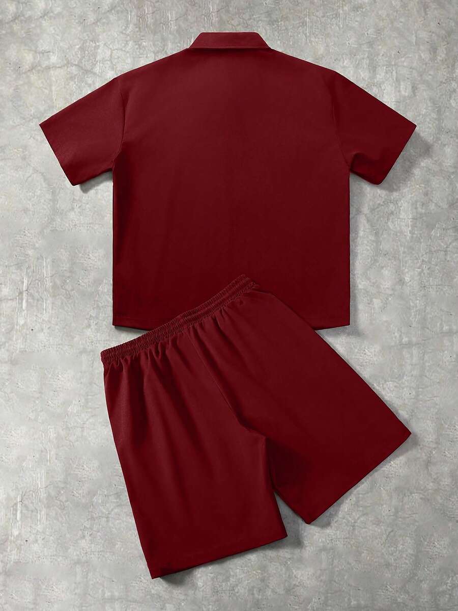 STYNVO Conjunto de Camisa de Manga Curta com Zíper e Estampa de Letra e Contraste de Pesponto e Shorts com Cordão na Cintura, Casual, Moda de Rua, Uso Diário, Verão